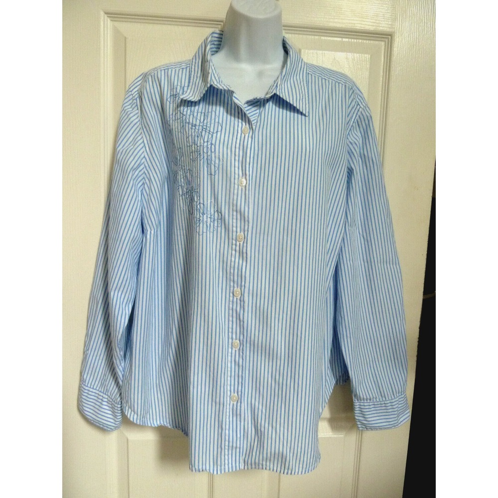 Sag Harbor Plus 2X Blue White Vertical Stripe Floral Embroidered Blouse Top
